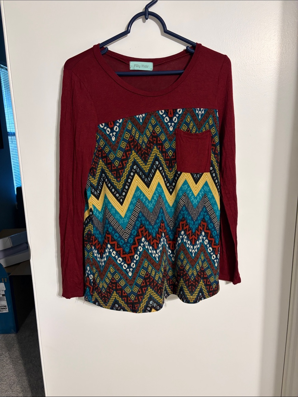 Filly Flair Maroon Long Sleeve Top with Multicolor Aztec Front
